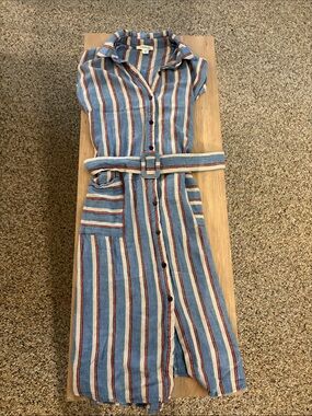 Button-Front Striped Shirt Dress in Blue, Red & Cream- Monteau- S